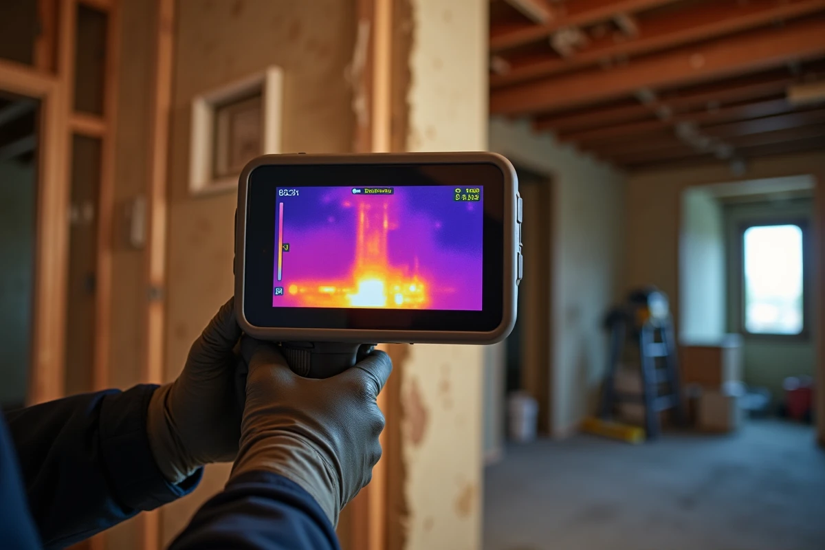 détail technique d'étude thermographique révélant les déperditions énergétiques et ponts thermiques d'une habitation