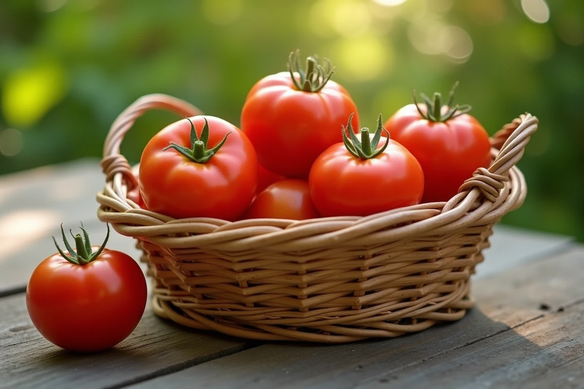 Panier de tomates fraîchement récolées sur une table de jardin