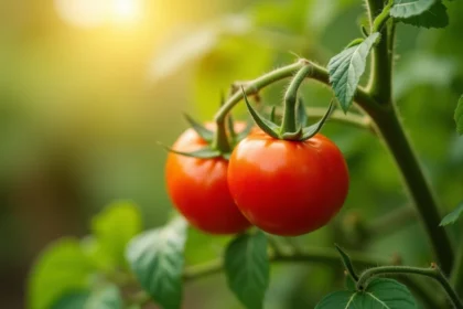 Tomates rouges mûres sur plant avec feuillage vert en jardin d'été