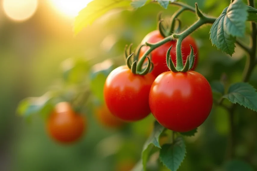 Tomates rouges mûres sur pied au soleil dans un jardin d'été