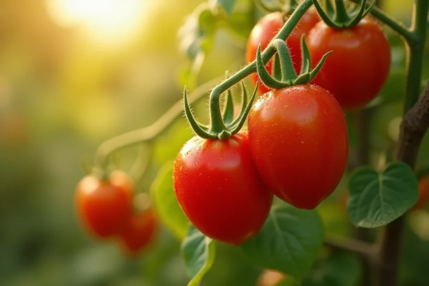 Tomates rouges mûres sur pied dans un jardin ensoleillé avec gouttes de rosée