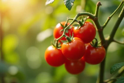 Tomates rouges mûres sur plant en plein soleil dans un jardin d'été