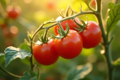 Tomates rouges mûres sur plant avec feuilles vertes en plein soleil