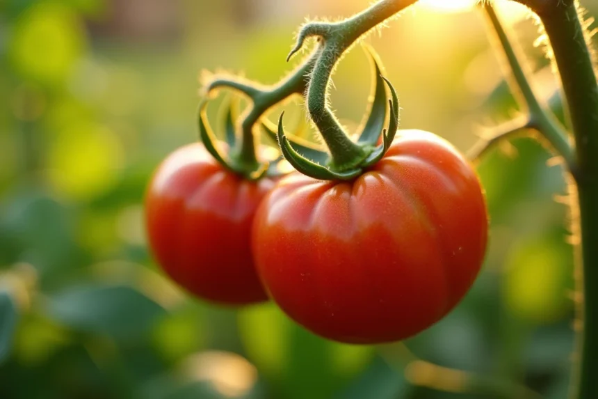 Tomates rouges mûres sur plant de tomate en plein soleil avec feuillage vert
