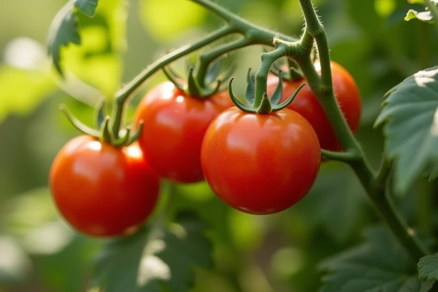 Tomates rouges mûres sur plants en plein soleil dans un jardin