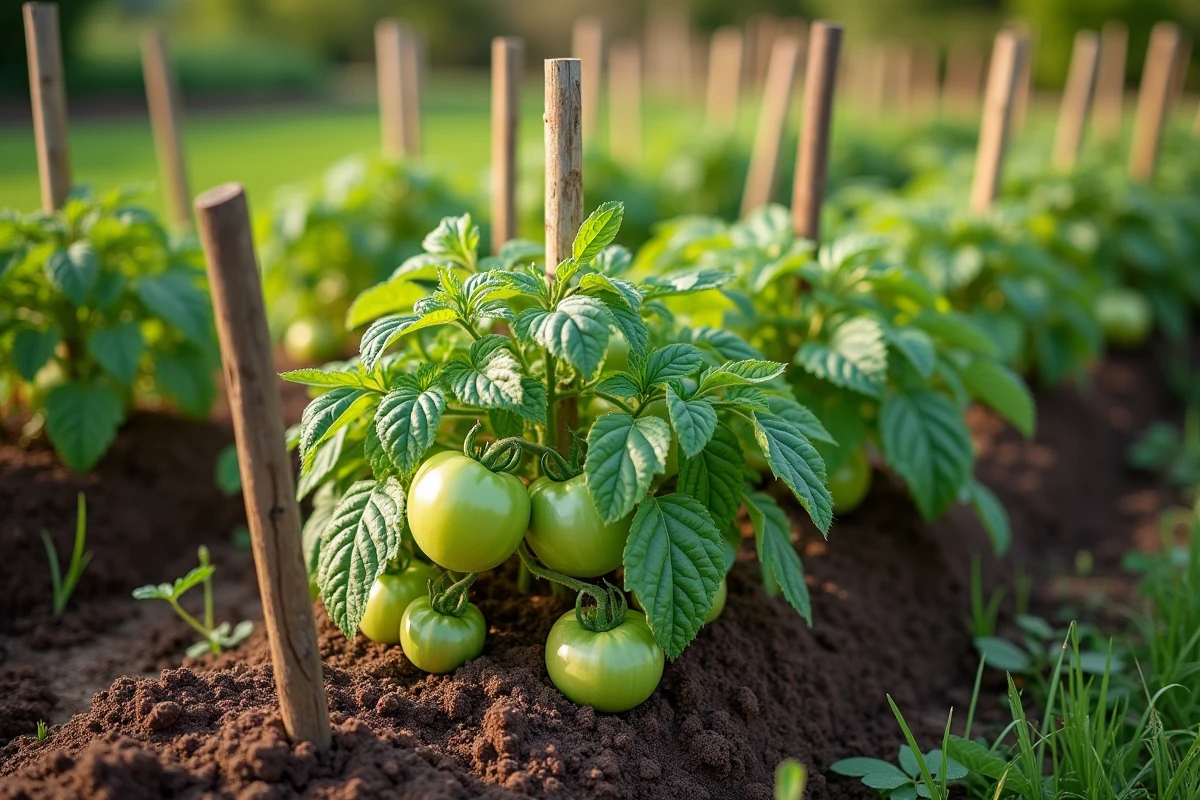 Plantation de tomates tuteurées dans un potager avec tuteurs en bois