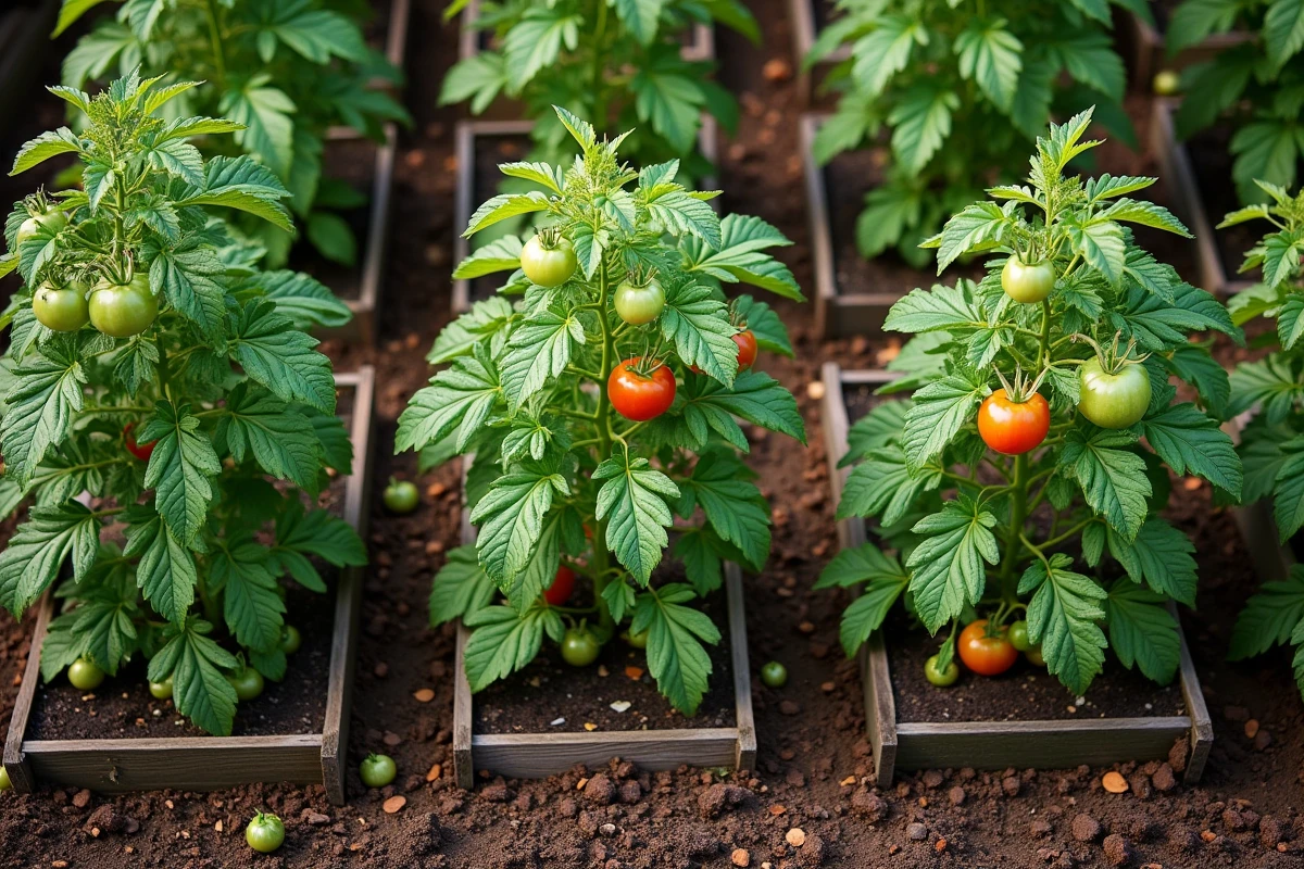 Vue d'ensemble d'un potager avec plusieurs plants de tomates en développement dans des bacs surélevés