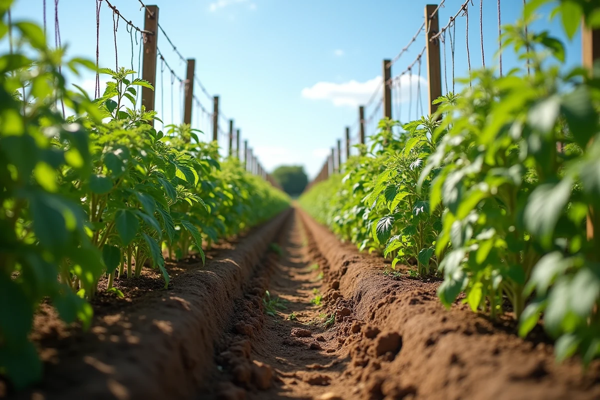 Jardin potager tomates - plants cultivés sur supports - cultures optimales
