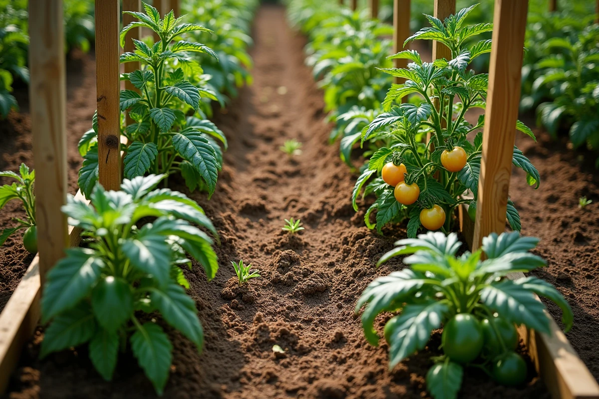 Vue d'ensemble d'un potager avec plusieurs plants de tomates tuteurés et paillés