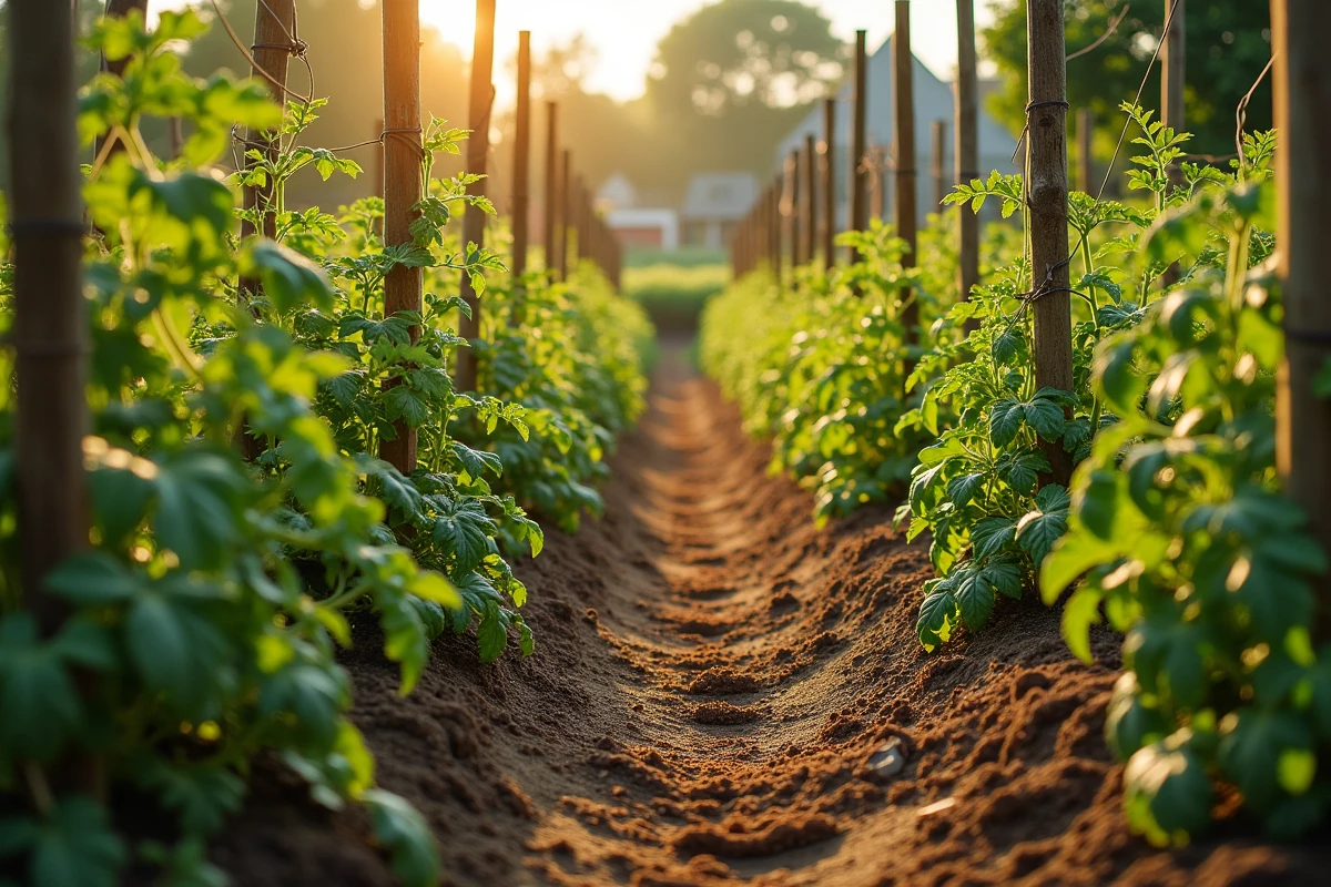 Vue aérienne d'un potager avec plusieurs plants de tomates bien alignés et tuteurés