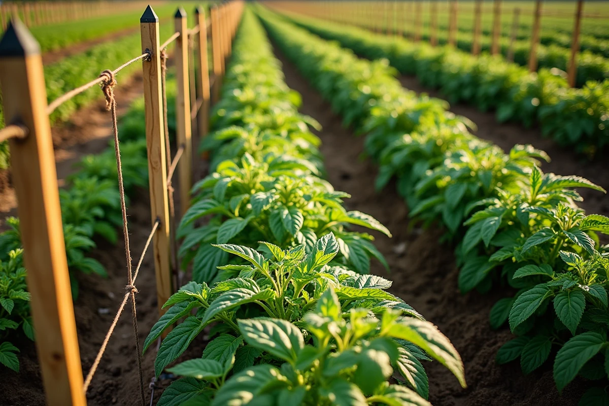 Vue d'ensemble d'un potager avec rangées de tomates tuteurées