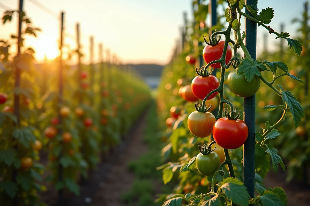 Rangées de plants de tomates en pleine croissance estivale dans un potager bien entretenu