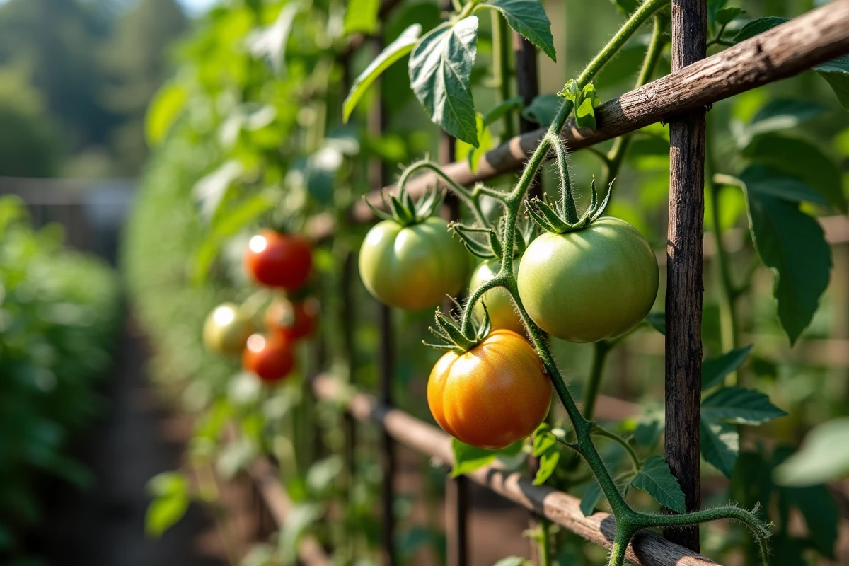 Vue d'ensemble d'un jardin de tomates avec système de tuteurage et plants à différents stades de croissance
