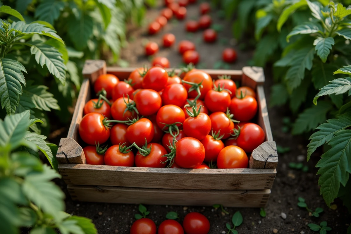 Récolte de tomates fraîches dans une caisse en bois au milieu des plants de tomate
