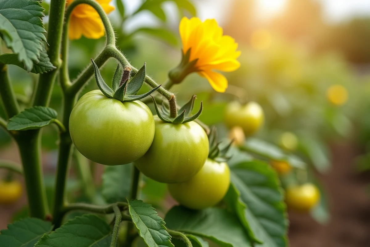 Pied de tomate en fleur avec fruits en développement dans un jardin bien ensoleillé