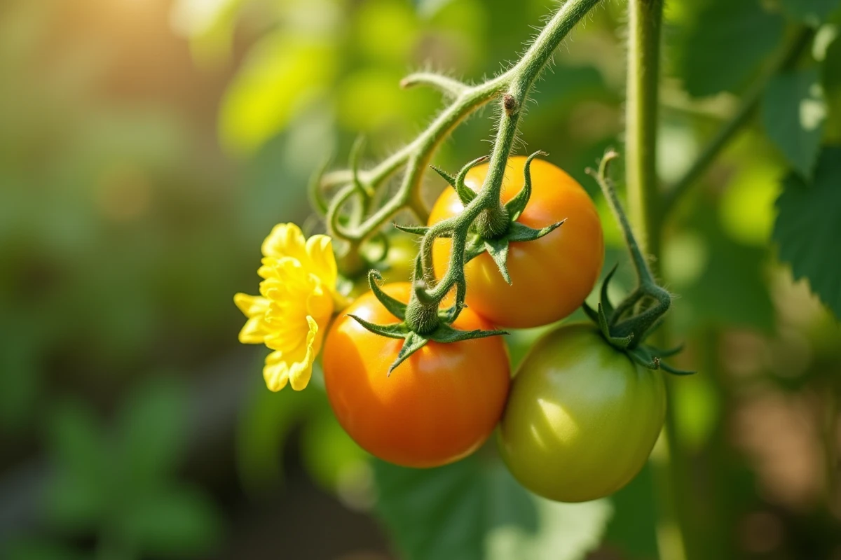Plant de tomate avec fleurs jaunes et jeunes fruits verts