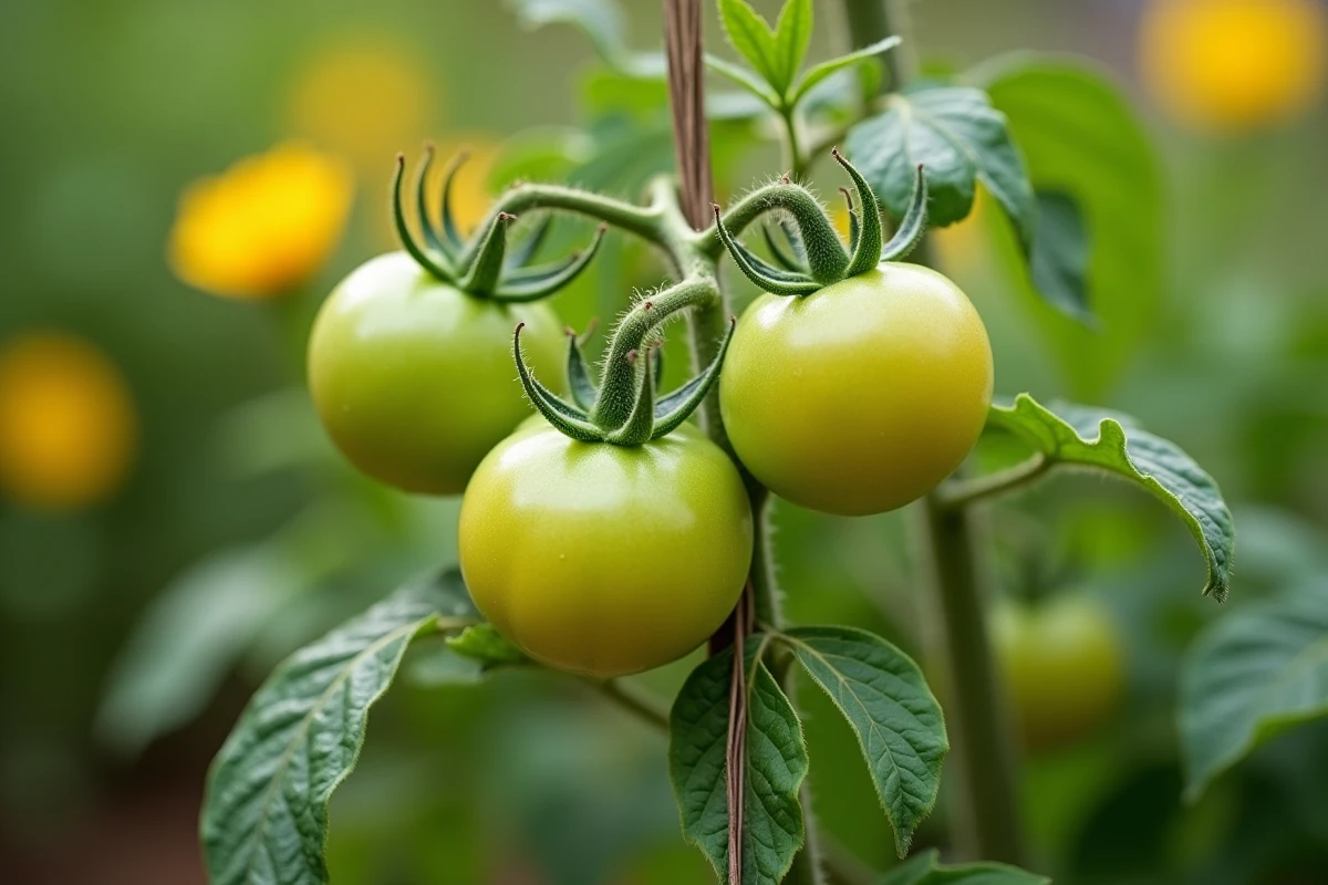 Plant de tomate avec fleurs jaunes et fruits verts en croissance avec tuteur
