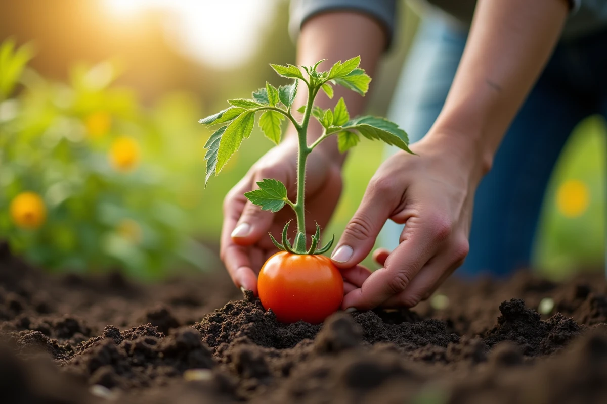 Mains d'un jardinier plantant un jeune plant de tomate dans un sol riche et fertile