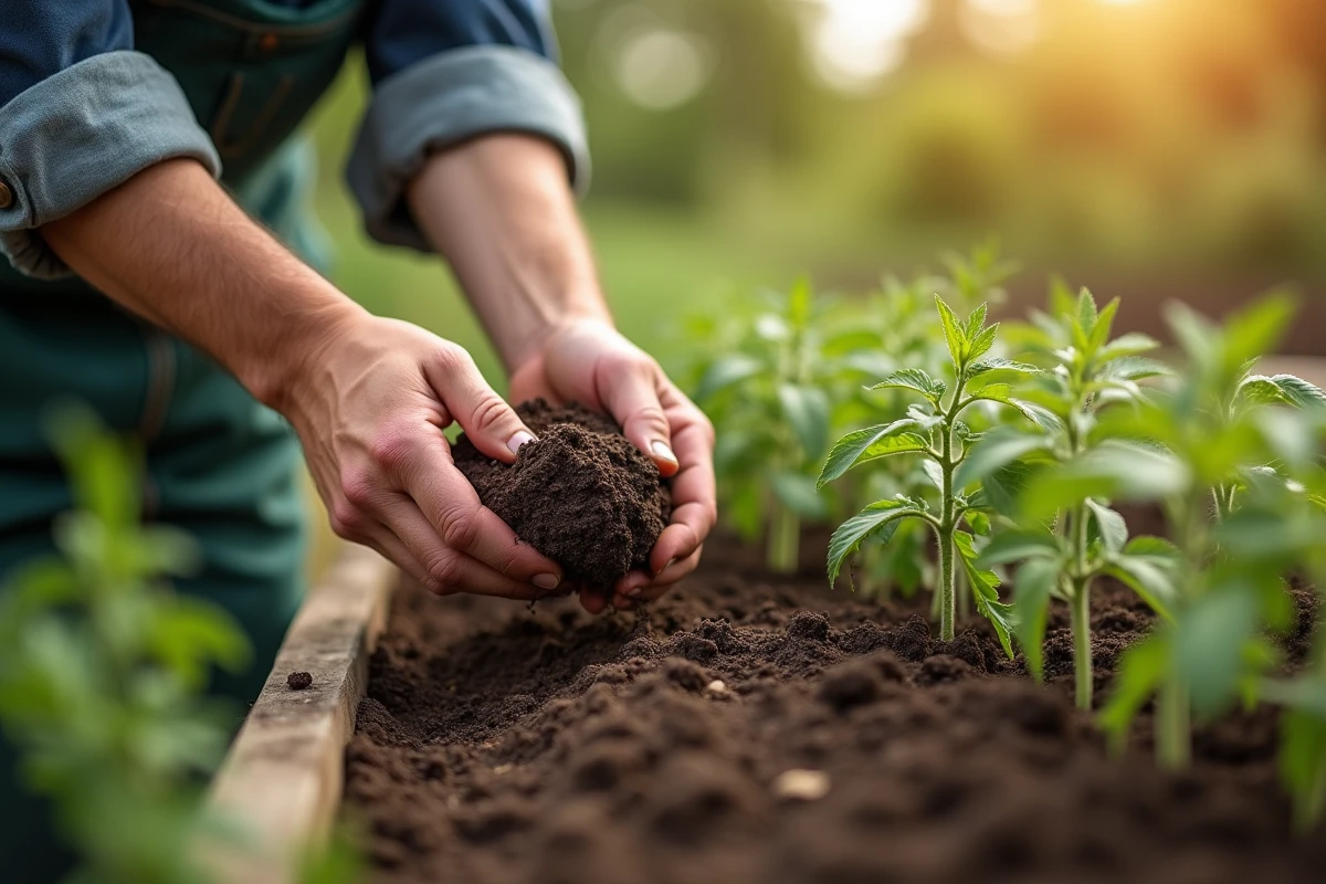 Mains de jardinier préparant le sol pour planter des plants de tomates jeunes en bac surélevé