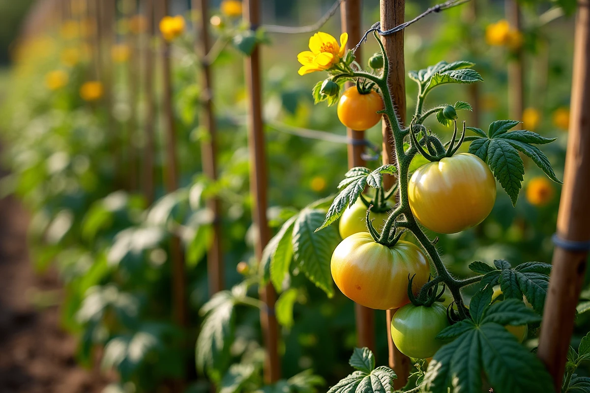 Vue de dessus de plants de tomates en fleur avec système de tuteurage et de palissage