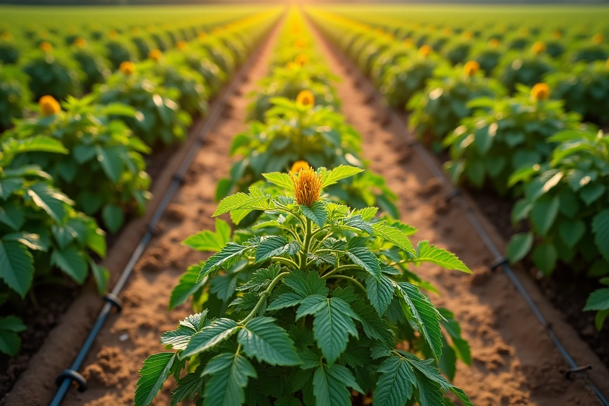 Plants de tomates en croissance avec fleurs jaunes dans un potager organisé