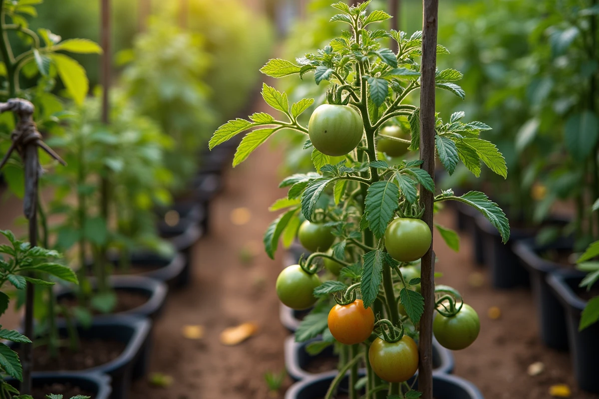 Vue aérienne de plants de tomates avec tuteurs dans un jardin d'été