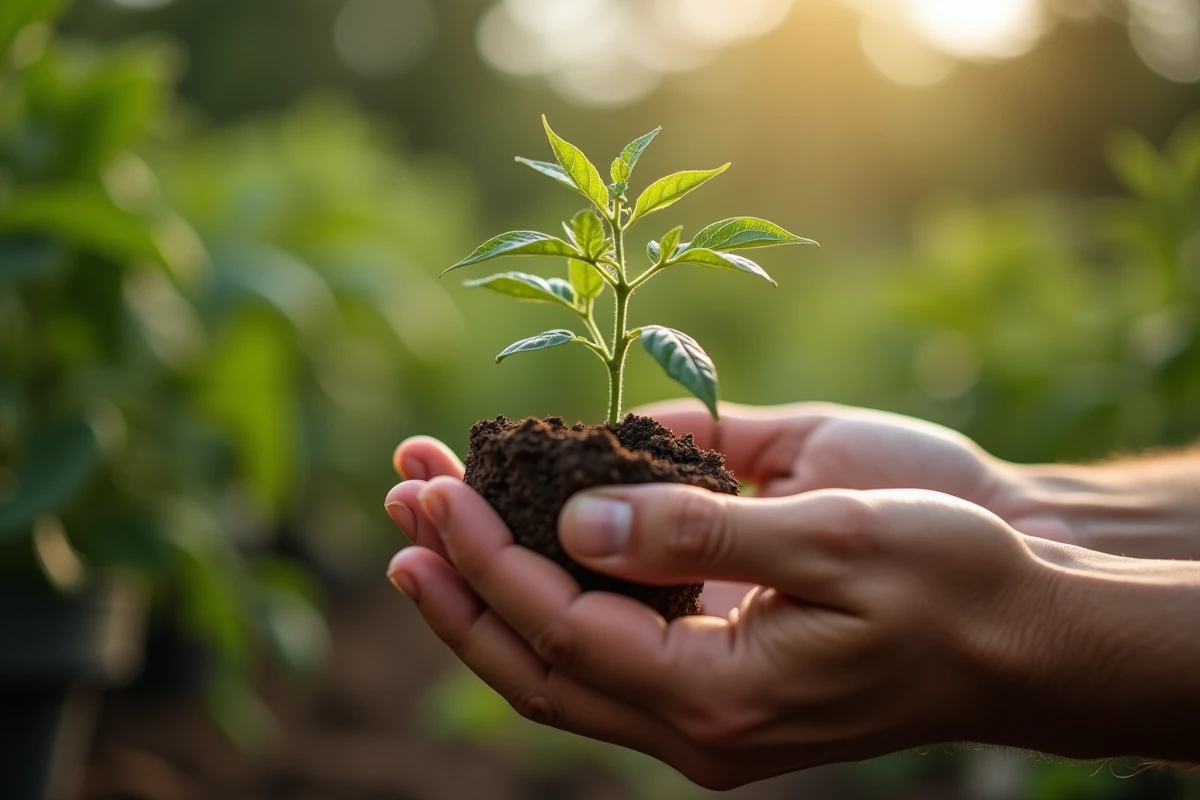 Plant jeune tomate dans les mains d'un jardinier pour vérifier sa croissance