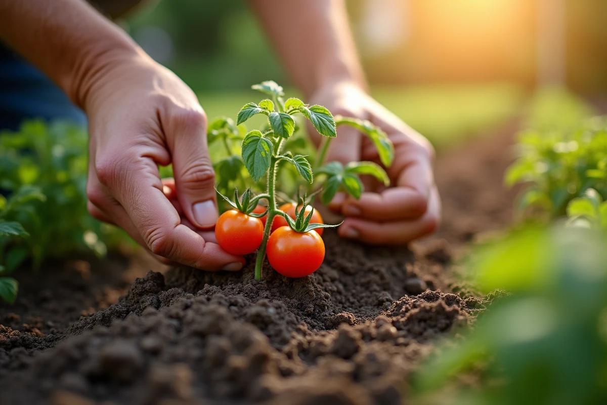 Mains de jardinier examinant de jeunes plants de tomates dans un potager