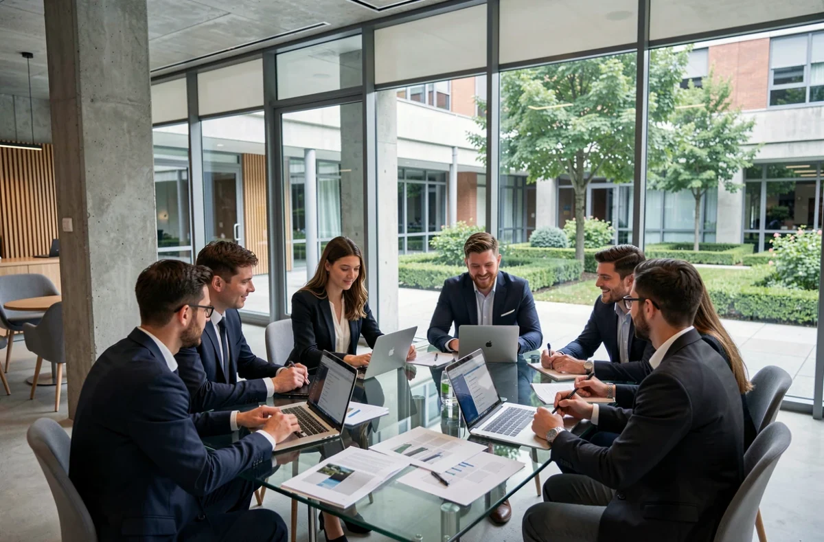 Étudiants en école de commerce travaillant en groupe dans le campus moderne de Toulouse Business School TBS Education