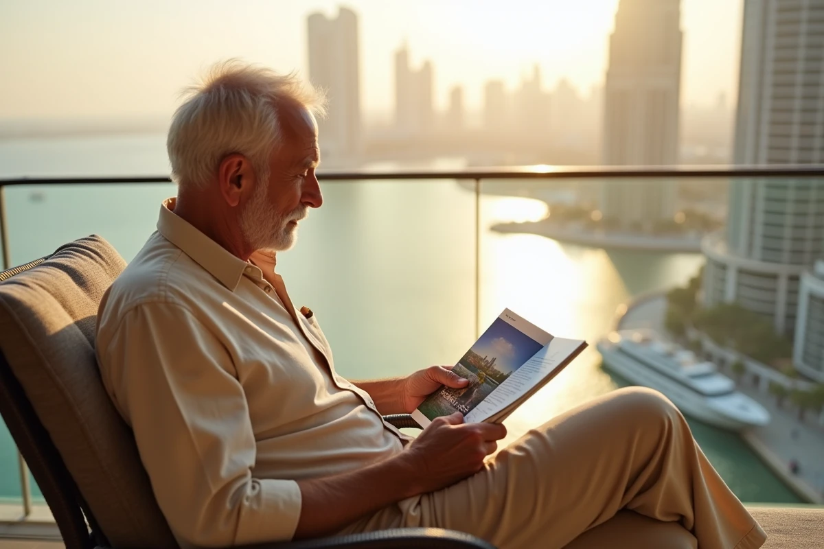Touriste senior examine brochure agence de voyage sur balcon avec vue panoramique Marina Dubai