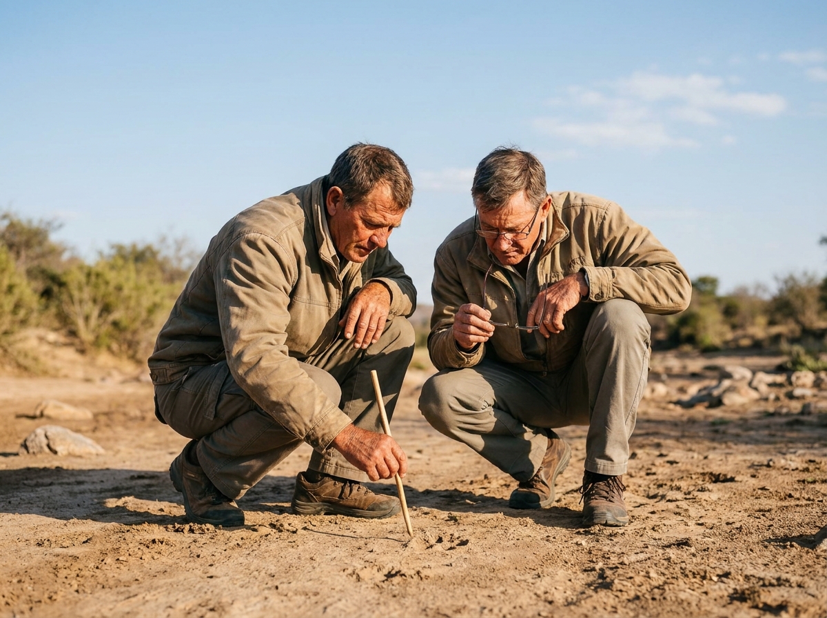 Guides expérimentés analysant les traces animales dans le désert sud-africain avec technique traditionnelle
