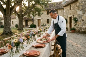 Traiteur de mariage en Dordogne présentant un buffet gastronomique périgourdin dans une cour en pierre lors d'une réception en plein air