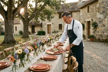 Traiteur de mariage en Dordogne présentant un buffet gastronomique périgourdin dans une cour en pierre lors d'une réception en plein air