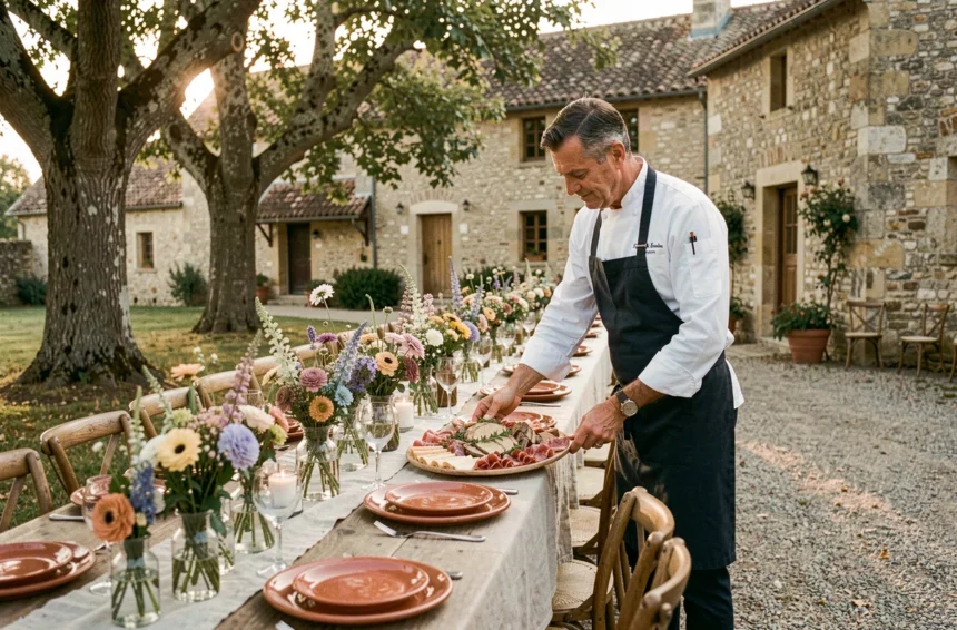 Traiteur de mariage en Dordogne présentant un buffet gastronomique périgourdin dans une cour en pierre lors d'une réception en plein air