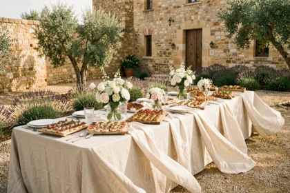 Table de réception de mariage dressée en plein air avec des spécialités méditerranéennes, dans un cadre provençal à Marseille