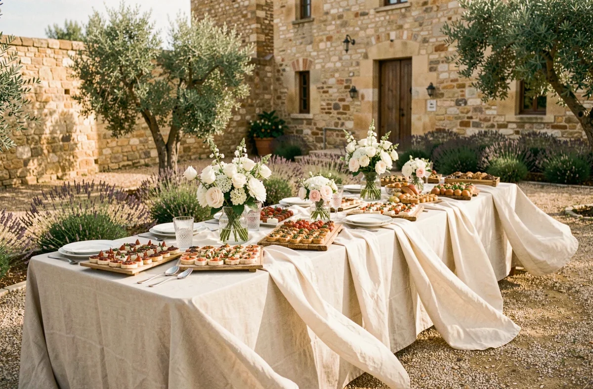 Table de réception de mariage dressée en plein air avec des spécialités méditerranéennes, dans un cadre provençal à Marseille