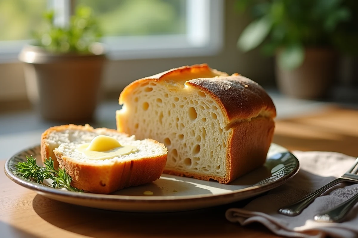 Tranche de pain au levain maison avec mie alvéolée et beurre frais