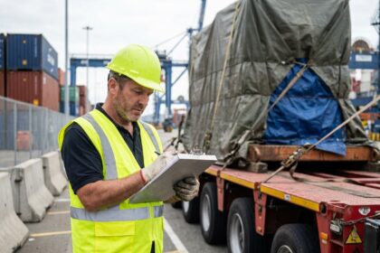Coordinateur logistique en gilet jaune inspectant un convoi hors gabarit avec documentation, personnel et transport exceptionnel en port industriel