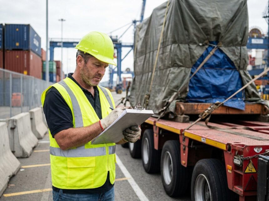 Coordinateur logistique en gilet jaune inspectant un convoi hors gabarit avec documentation, personnel et transport exceptionnel en port industriel