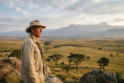 Voyageur contemplant les vastes plaines dorées de la savane sud-africaine avec les montagnes du Drakensberg en arrière-plan