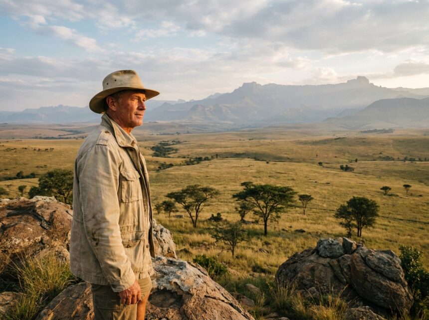 Voyageur contemplant les vastes plaines dorées de la savane sud-africaine avec les montagnes du Drakensberg en arrière-plan