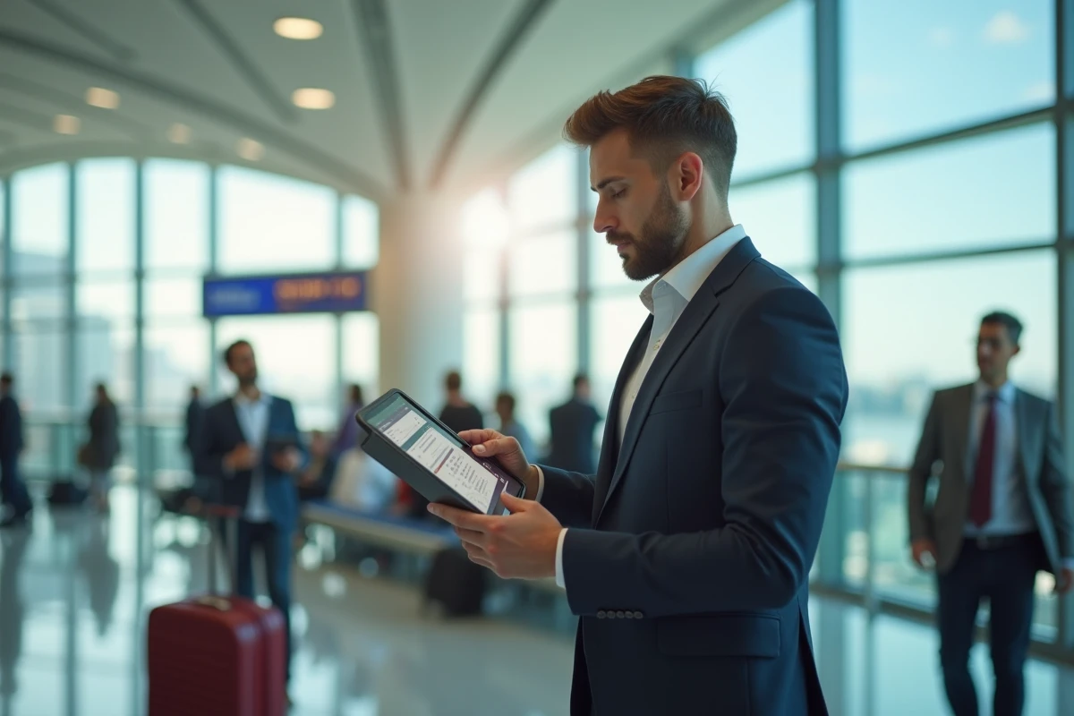 Homme voyageur comparant les différentes compagnies aériennes sur une tablette pour acheter son billet d'avion au meilleur prix