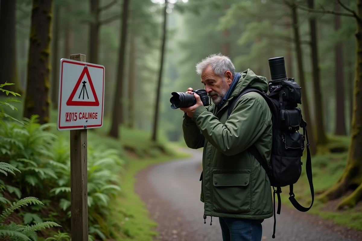 Photographe face à un panneau d'interdiction de trépied dans un parc naturel protégé, illustrant la contrainte réglementaire en paysage
