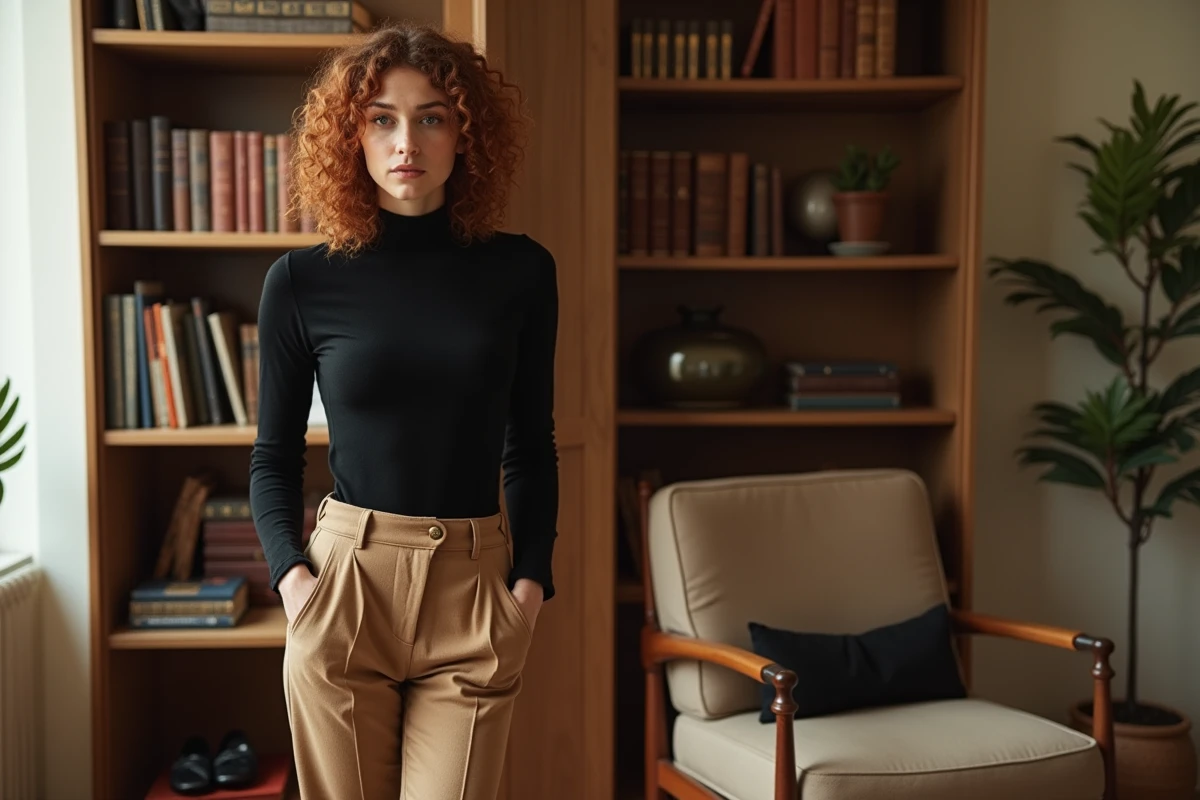 Femme élégante en pull roulé noir et pantalon camel dans une bibliothèque pour look professionnel et sophistiqué