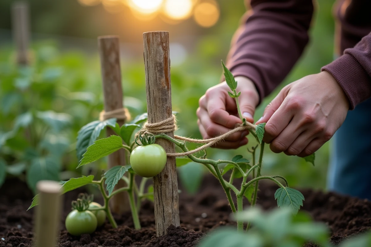 Jardinier attachant les jeunes plants de tomates à des tuteurs en bois avec de la ficelle naturelle