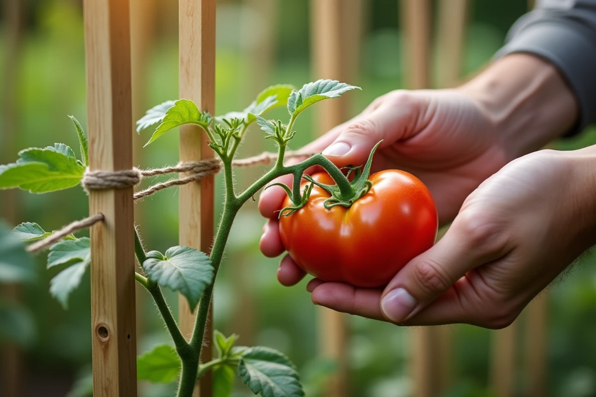 Mains de jardinier tuteurant une plante de tomate avec ficelle et tuteur