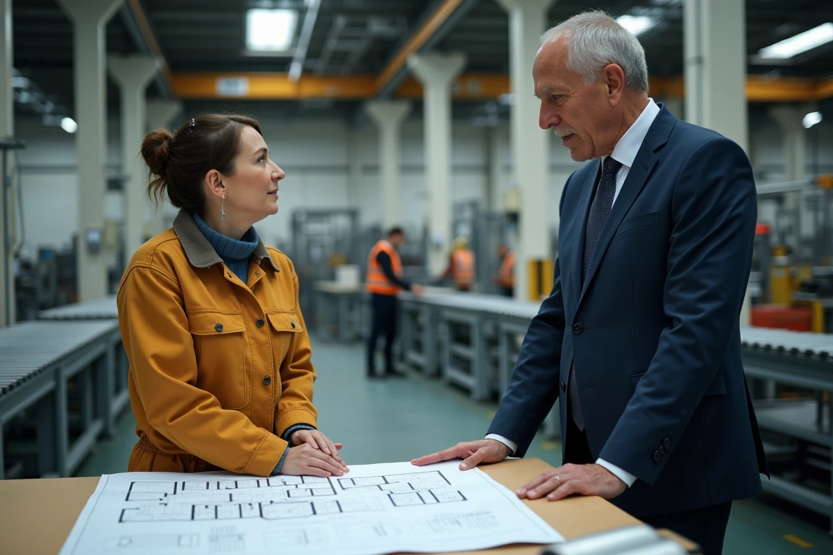 Deux professionnels discutant du type d'activité industrielle exercée dans un bâtiment face à un plan d'aménagement