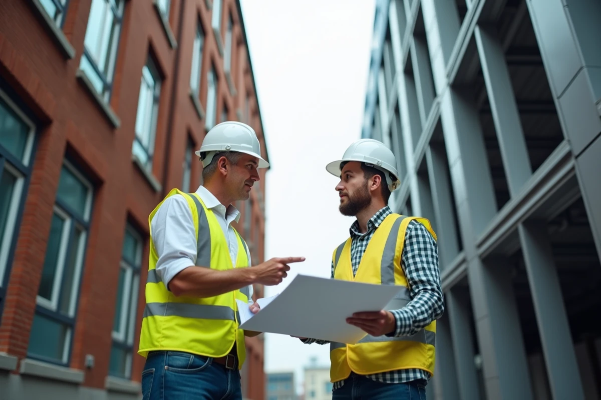 Deux ingénieurs comparant un bâtiment industriel traditionnel et une structure modulaire préfabriquée sur site