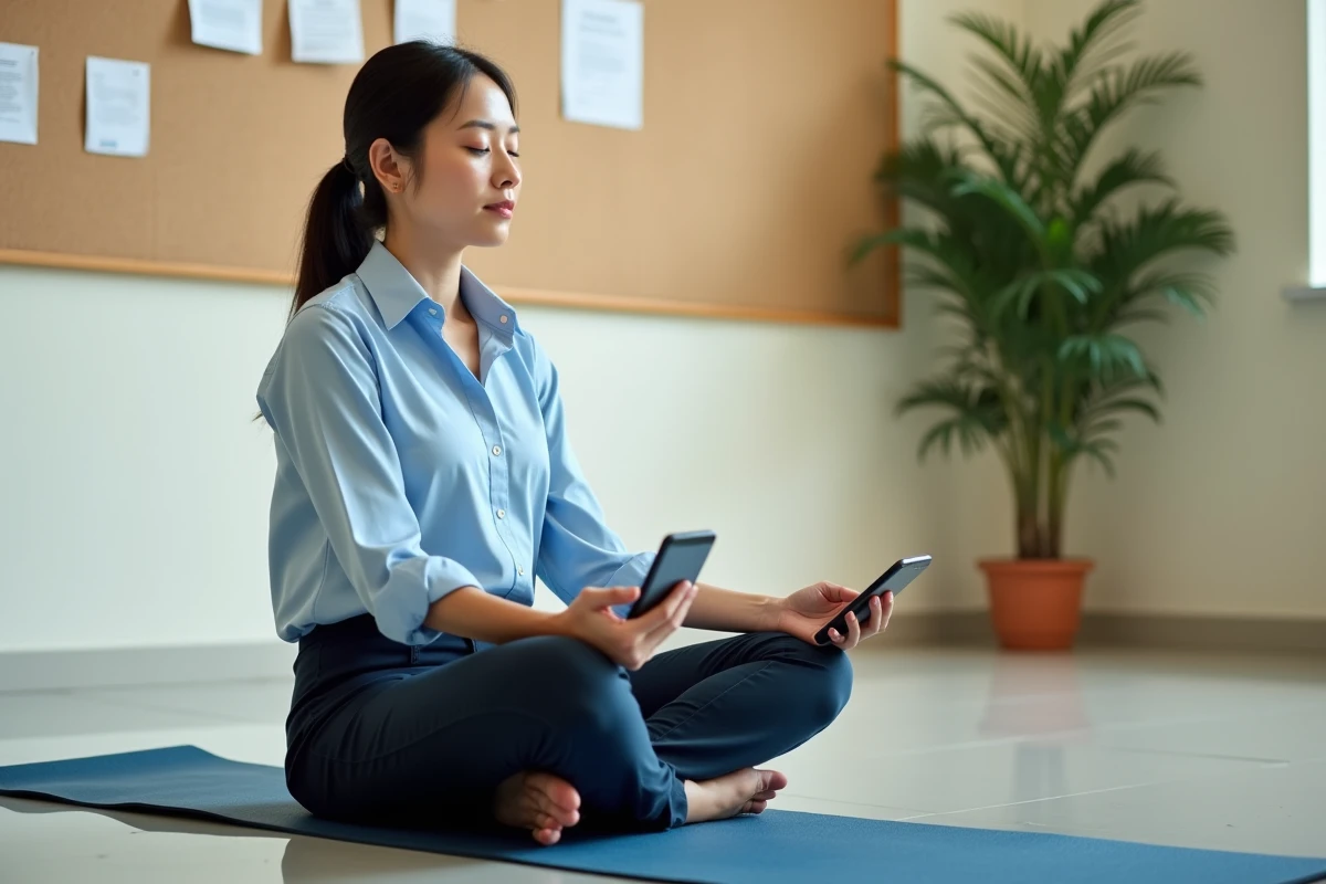 Femme pratiquant la méditation avec l'application UCLA Mindful dans une salle de bien-être universitaire