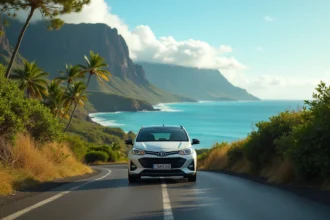 Voiture de location compacte garée sur une route côtière panoramique à La Réunion avec l'océan Indien en arrière-plan